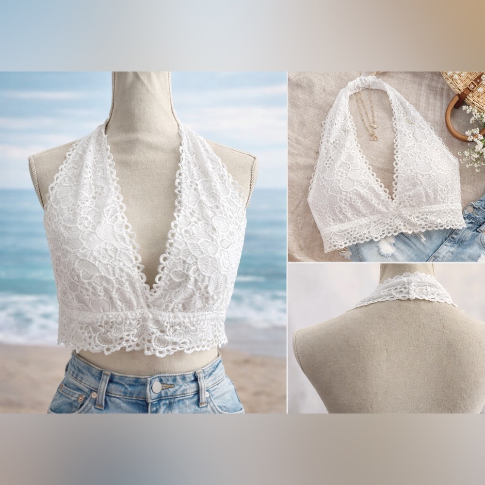 Zanana Outfitters White Lace Bralette Crop Top 3X Boho Festival Eyelet Halter